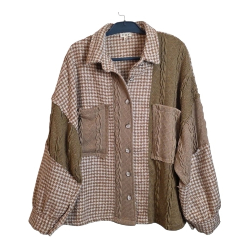 Pol Cozy Patchwork Houndstooth & Cable Knit Shack… - image 3